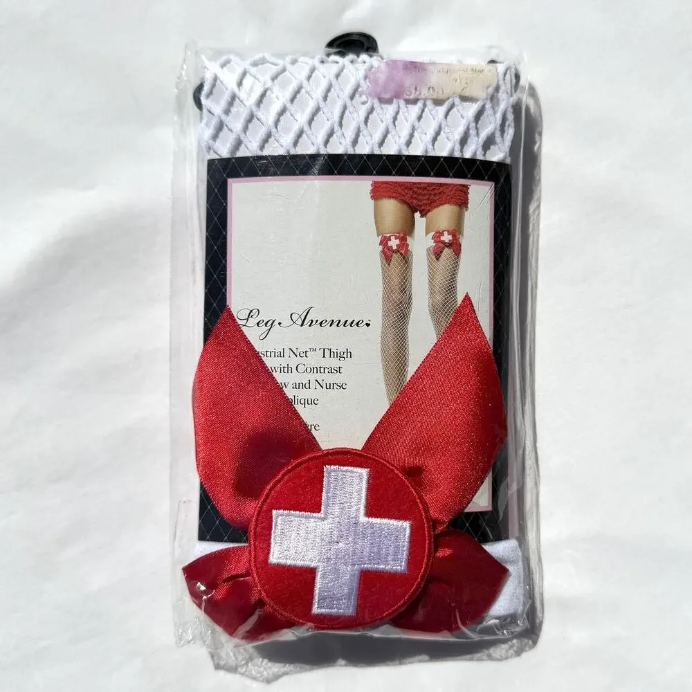Leg Avenue Industrial Net Thigh Highs Stockings Nurse Bow Red White Fishnet